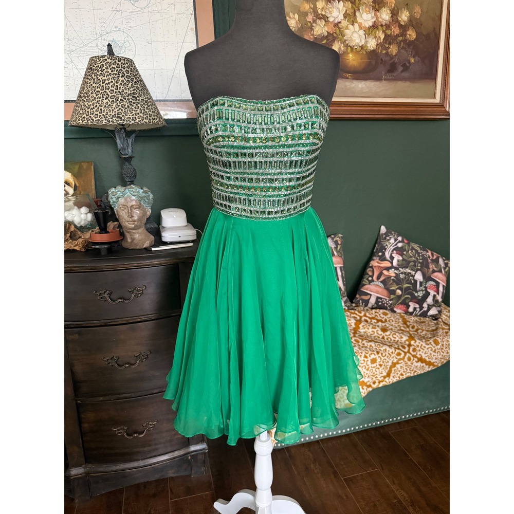 Sherri Hill Green Beaded Strapless Cocktail Dress Homecoming Prom Size 4